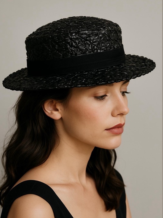 Vintage Accessories - Vintage Charter Hat black woven raffia straw sun hat flat crown medium brim